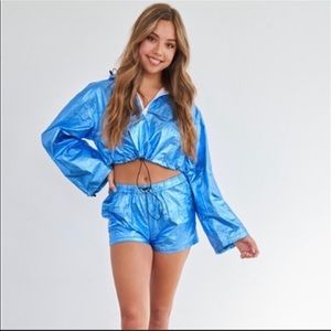2pc Cropped Zip-Front Jacket and Short Set Metallic Blue New Boutique Sz Small
